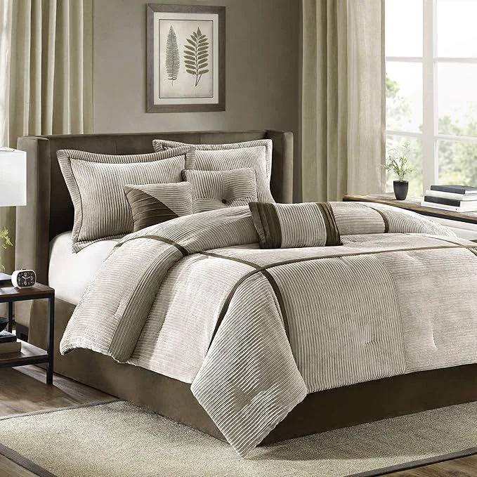 Natural Madison Park Cozy Comforter Set Casual Blocks Design All Season Matching Bed Skirt Decorative Pillows Cal King 104 quot x92 quot Dallas Corduroy Taupe Brown 7 Piece Convenient