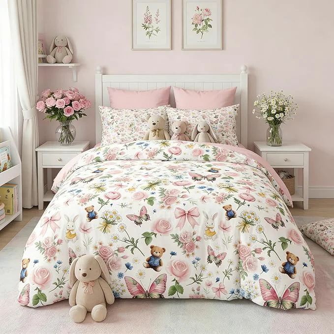 Elite Pink Bow Comforter Set Twin for Girls 2Pcs Butterfly Bedding for Kids Kawaii Bedroom Decor Cute Priness Girly Rabbit Bear Comforter Set with 1 Pillowcase 68 quot x86 quot Convenient