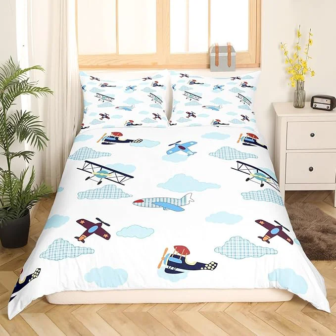 Solid Castle Fairy Kids Aircraft Bedding Set Boys Teens Airplanes Duvet Cover Set Blue White Clouds Comforter Cover Chic Gingham Bedroom Quilt Cover 3Pcs Queen with 2 Pillowcase No Comforter Practical