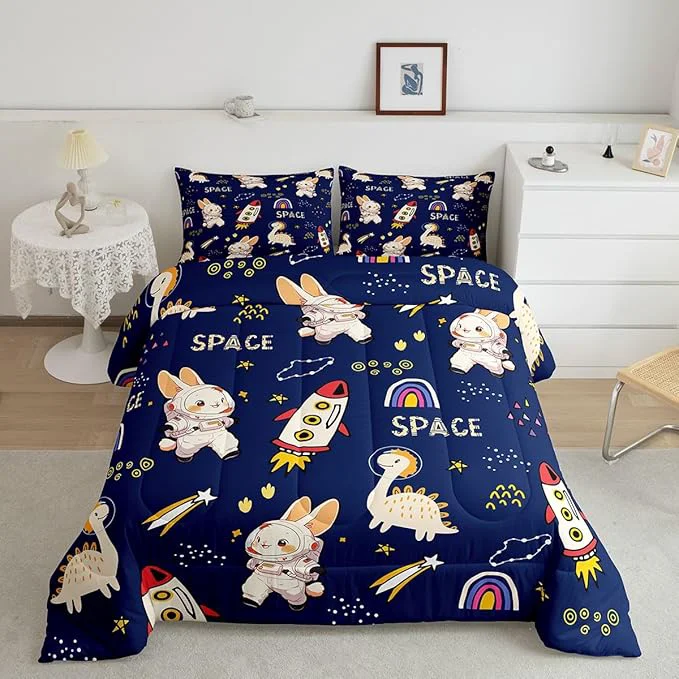 Eco-Friendly Castle Fairy Cute Rabbits Comforter King Size Kids Boys Dinosaurs Comforter Set Bedding Set for Kids Adults Cartoon Rocket Starry Galaxy Navy Duvet Set Ultra Soft Room Decor 3Pcs Quilt Set Crafted
