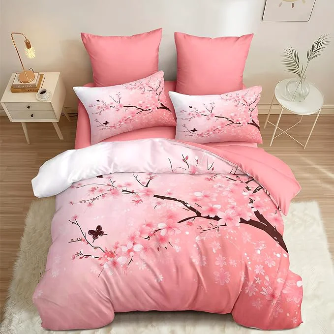 Smooth Pink Floral Comforter Set Full Size Cherry Blossom Bedding Set for Girls Boys Japanese Flower Decor Quilt Set – 3Pcs Soft Fluffy Microfiber with 2 Pillowcases 79 90 High-End