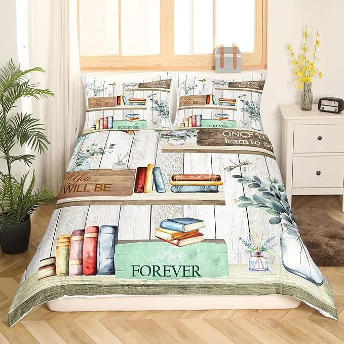Proven Watercolor Books Bedding Set Reading Time Girls Women Duvet Cover Set Rustic Farmhouse Style Comforter Cover Floral Leaves Bedspread Cover Bedroom Quilt Cover Full with 2 Pillowcase No Comforter Detailed