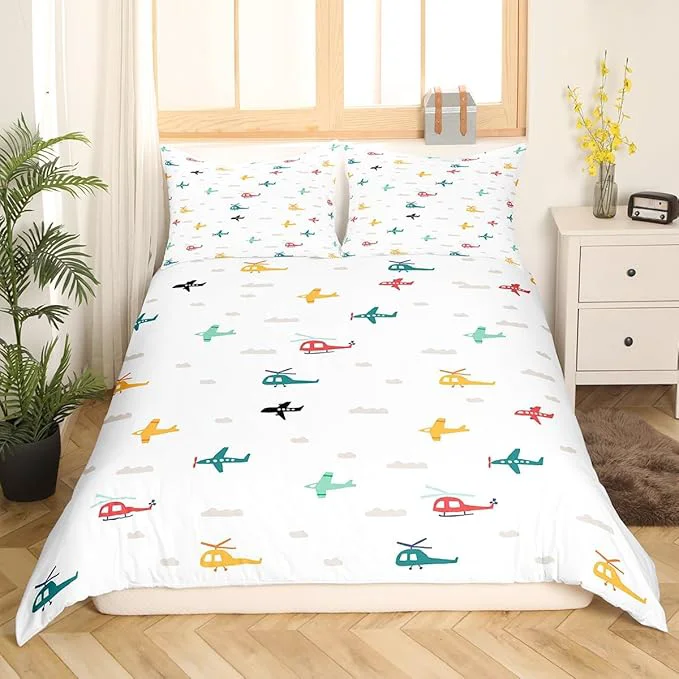 Durable Kids Aircraft Bedding Set Watercolor Transportation Vehicles Duvet Cover Set Boys Airplanes Comforter Cover Colorful Helicopter Bedspread Cover Bedroom Quilt Cover Full with 2 Pillowcase No Comforter High-Grade