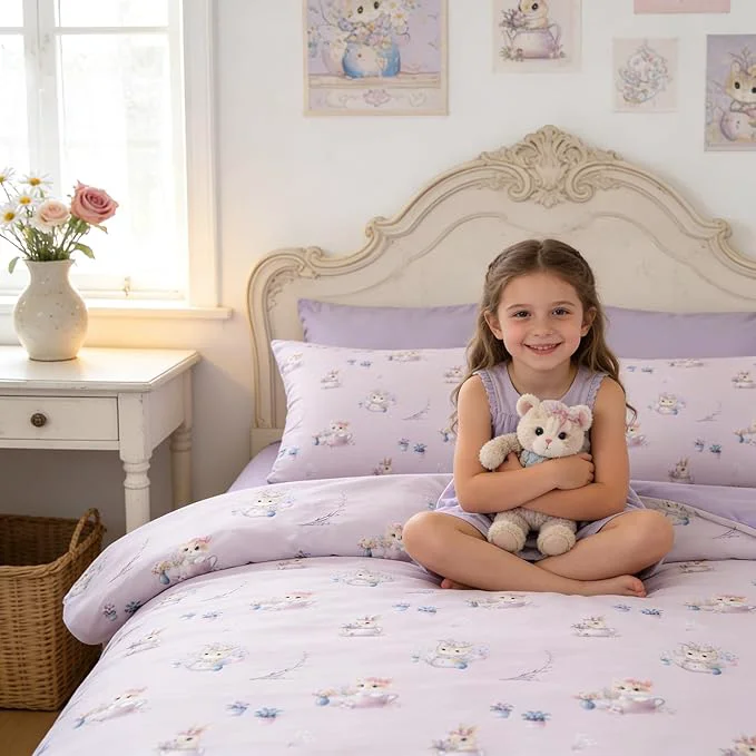 Green Taro Purple Comforter Set Twin for Girls 2Pcs Priness Bedding for Kids Kawaii Bedroom Decor Cute Girly Cat Kitten Comforter Set with 1 Pillowcase 68 quot x86 quot High-End