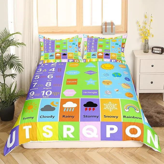 Dependable Castle Fairy Alphabet Bed Set for Boys Girls Educational Weather Planets Number Comforter Cover for All Season Watercolor Patchwork Ultra Soft Bedding Set Quilt Cover Queen Size 3 Pieces Natural