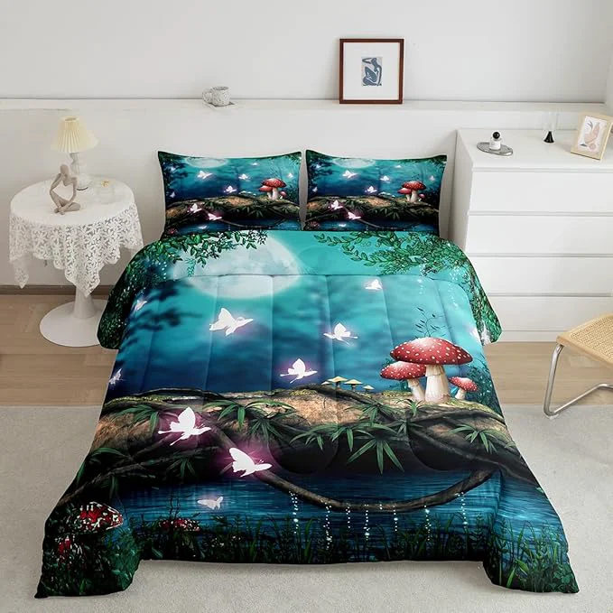 Trendy Red Mushroom Bed Comforters Set Queen Size Moon Night Sky Jungle Super Soft Bedding Set for Boys Girls al Butterfly Cartoon Plant Room Decorative Comforter Set 2 Pillowcase Versatile