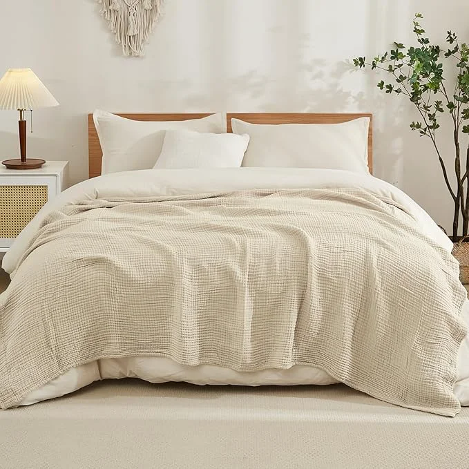 Eco-Friendly EMME Cotton Blanket King Size for Bed Soft Muslin Blankets 108 quot x90 quot Light Tan Lightweight Breathable Layering Bedspread Coverlet All Season Gauze Environmentally Friendly