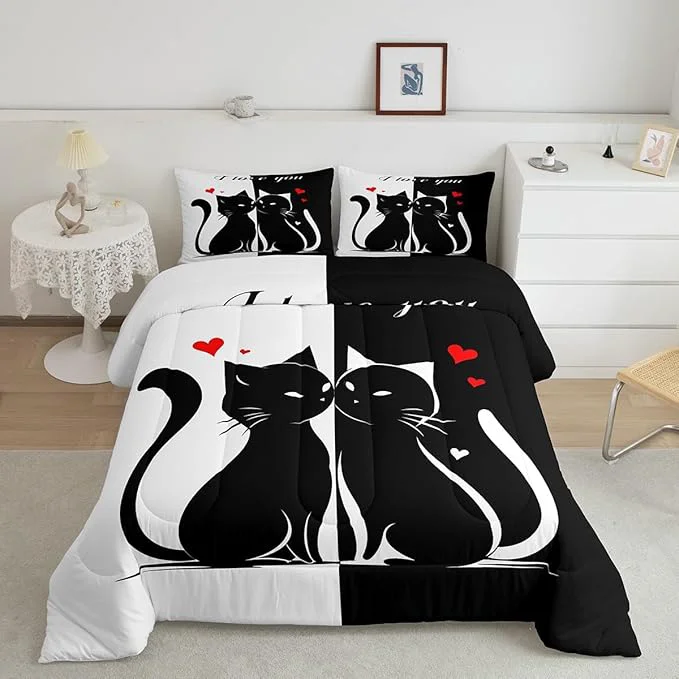 Casual Cats Lovers Queen Size Comforter Set Cute Cat Valentine 39 s Day Down Comforter Adults Bedroom Decor Black and White Couples Ultra Soft Inner Fill 3Pcs Bedding Fast