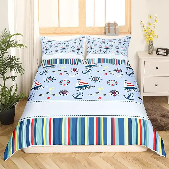Superior Castle Fairy Nautical Anchor Bedding Set Ocean Fish Seagull Blue Duvet Cover Set Outdoor Adventure Comforter Cover Red Blue Stripes Bedroom Quilt Cover Queen with 2 Pillowcase No Comforter Original