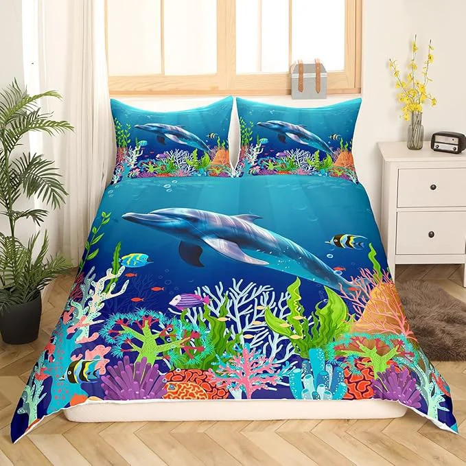 Luxury Cute Dolphin Kids Bedding Set Ocean Fish Coral Duvet Cover Set Cartoon Undersea Boys Girls Comforter Cover Set Blue Underwater Bedspread Cover Bedroom Quilt Cover Queen with 2 Pillowcase No Comforter Contemporary