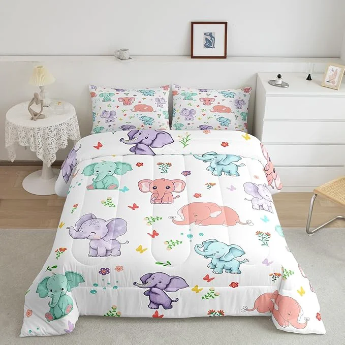 Professional Cartoon Elephant Comforter Set for Kids Watercolor Flowers Leaves Butterfly Bedding Sets Teens Cute Room Decor Cute Wild Animal Elephants Duvet Set Quilt Set Twin 1 Comforter with 1 Pillow Case Convenient
