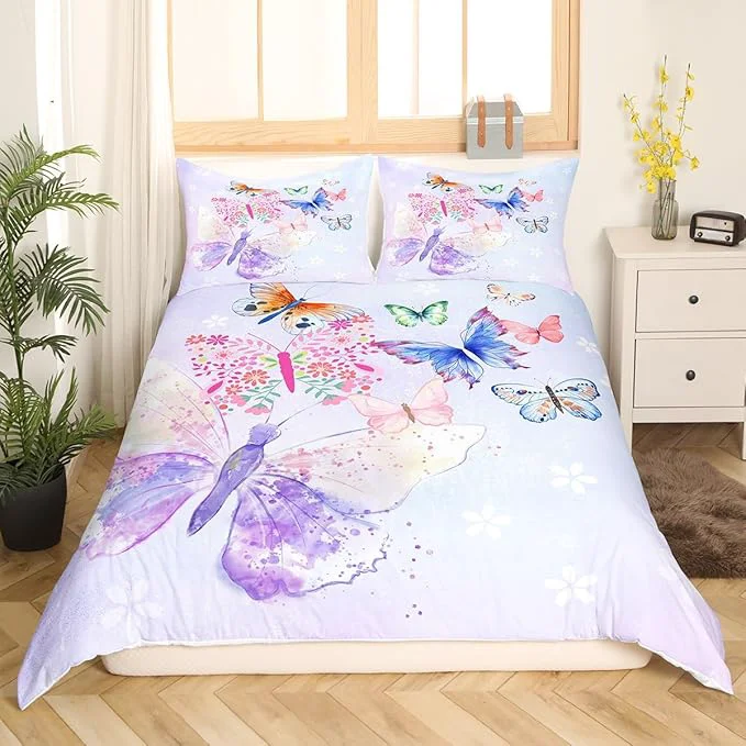 Verified Purple Butterfly Bedding Set Kids Girls Butterflies Duvet Cover Set Daisy Flowers Comforter Cover Set Rustic Flying Animal Bedspread Cover Bedroom Quilt Cover Full with 2 Pillowcase No Comforter Enhanced