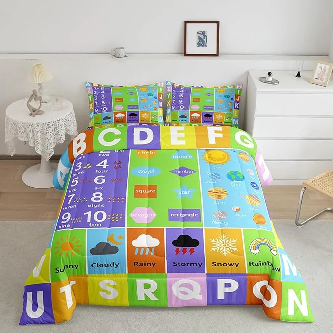 Excellent Castle Fairy Alphabet Comforter Set King Educational Weather Planets Number Bedding Set for Boys Girls Teens Bedroom Decor Watercolor Patchwork Quilt Set Super Soft Duvet Set Gift for Her Him Green