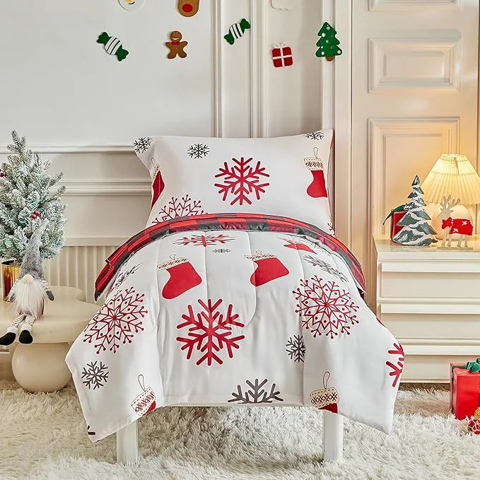 Verified Christmas Toddler Bedding Set for Boys Girls Red White Sock Colorful Holiday 4PC Toddler Bed Set – Cute Toddler White Bed in a Bag with Gray Red Snowflake Soft