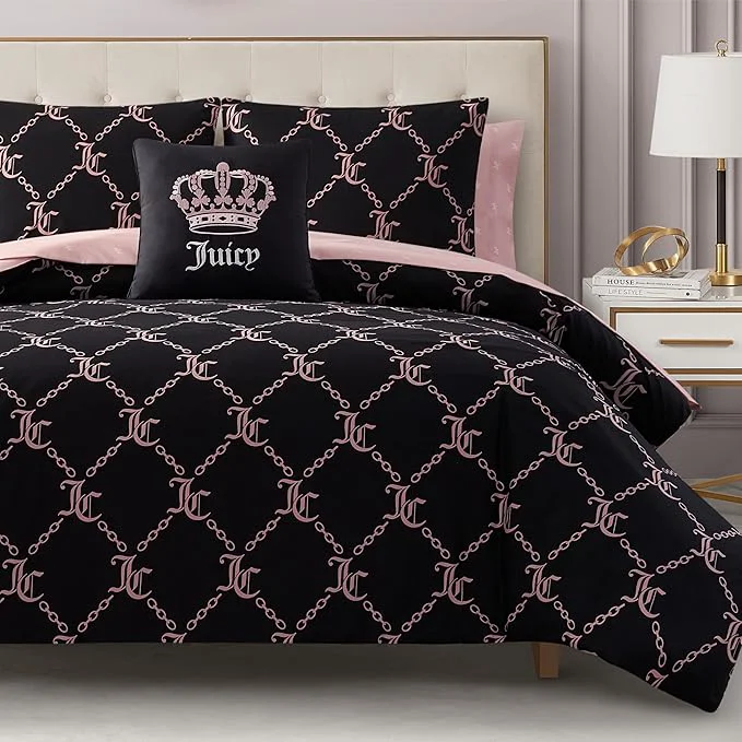 Functional Juicy Couture Black Link Logo Printed Comforter Set King – Complete 8-Piece Bed in a Bag Collection Premium