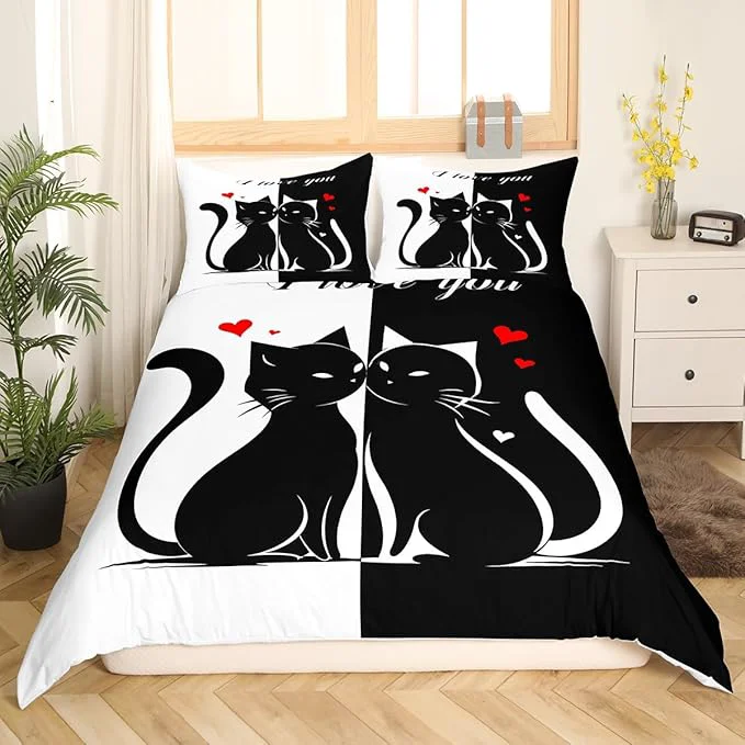 World-Class Cats Lovers Queen Size Duvet Cover for Teens Youth Cute Cat Valentine 39 s Day Comforter Cover with 2 Pillow Shams Black White Couples Bedding Set No Comforter Organic