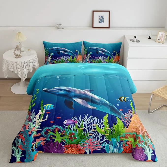 Functional Cute Dolphin Kids Comforter King Size Ocean Fish Coral Comforter Set Bedding Set for Kids Adults Cartoon Undersea Boys Girls Blue Underwater Duvet Set Ultra Soft Room Decor 3Pcs Quilt Set Trendy