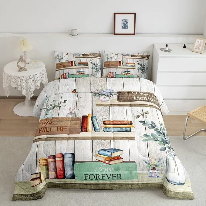 Comfortable Watercolor Books Twin Size Down Comforter Set Reading Time Girls Women Duvet Quilt Set Soft Bed Collection Rustic Farmhouse Style Floral Leaves Bedding Comforter for Boys Girls Bedroom 2 Pcs Smooth
