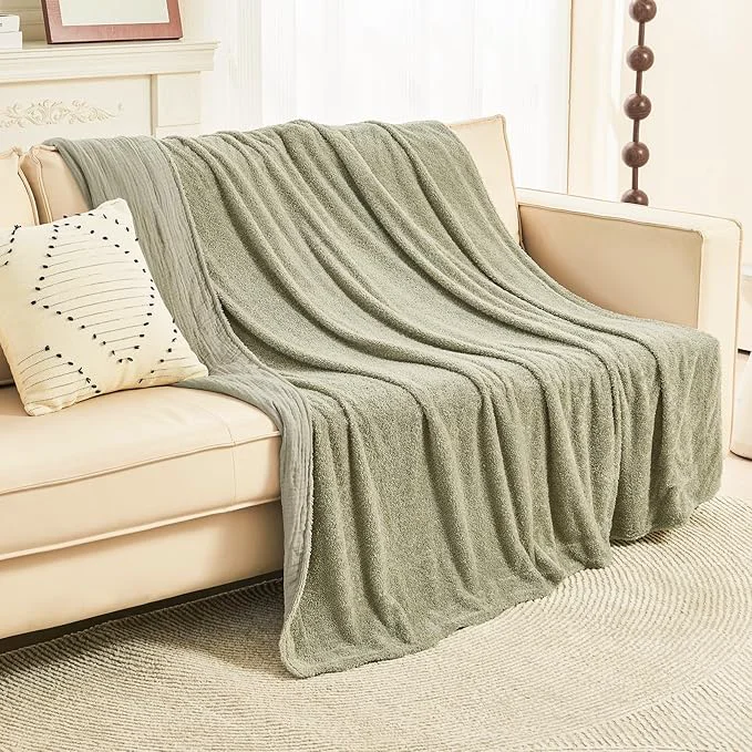 Next-Generation EMME Muslin and Fleece Throw Blanket Reversible – 50 quot 60 quot Sage Green Soft Warm Throw Blankets for Couch Bed Picnic Travel Bed Secure