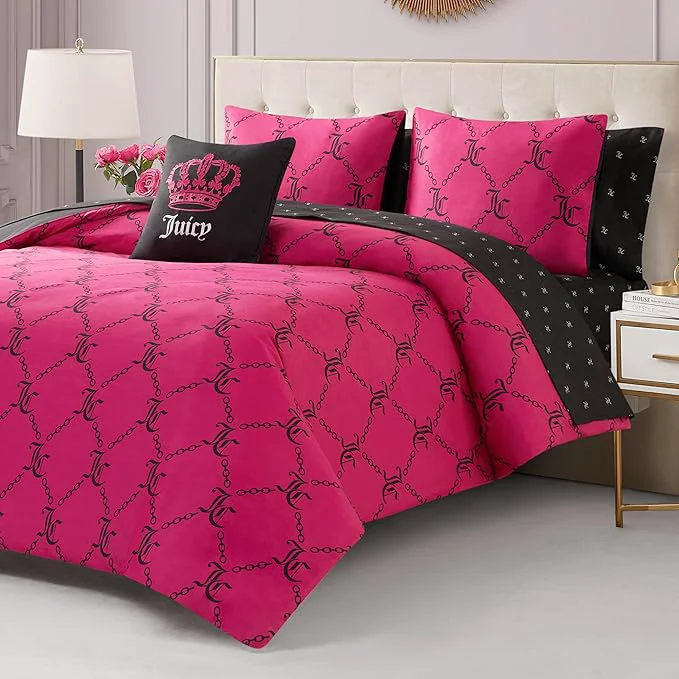 Elegant Juicy Couture Hot Pink Black Link Logo Printed Comforter Set King – Complete 8-Piece Bed in a Bag Collection High-Grade