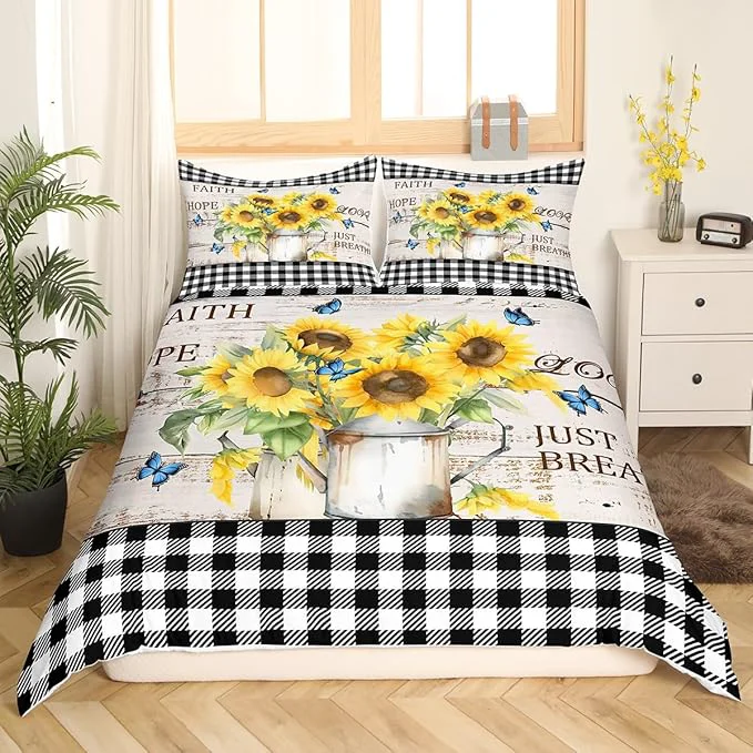 Next-Generation Castle Fairy Yellow Sunflowers Bedding Set Rustic Farmhouse Style Duvet Cover Black White Plaid Comforter Cover Retro Gingham Bedroom Quilt Cover Queen with 2 Pillowcase No Comforter Genuine