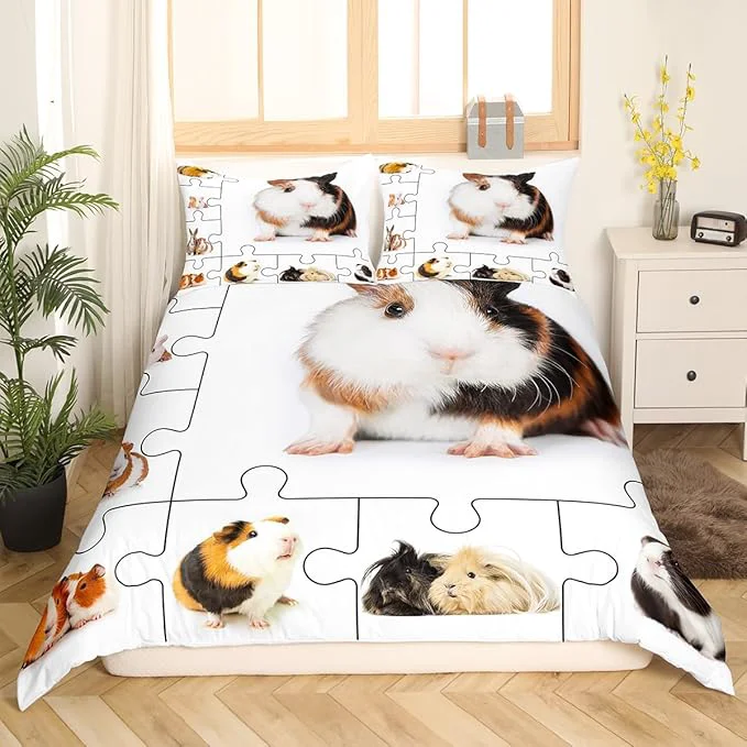 Versatile Castle Fairy Guinea Pig Bedding Set Full Size Lovely Animals 3D Cavy Duvet Cover for Teenagers Bedroom Decor Cute Guinea Pigs Pet Bed Set of 3 Piece with Zipper Closure No Comforter Natural