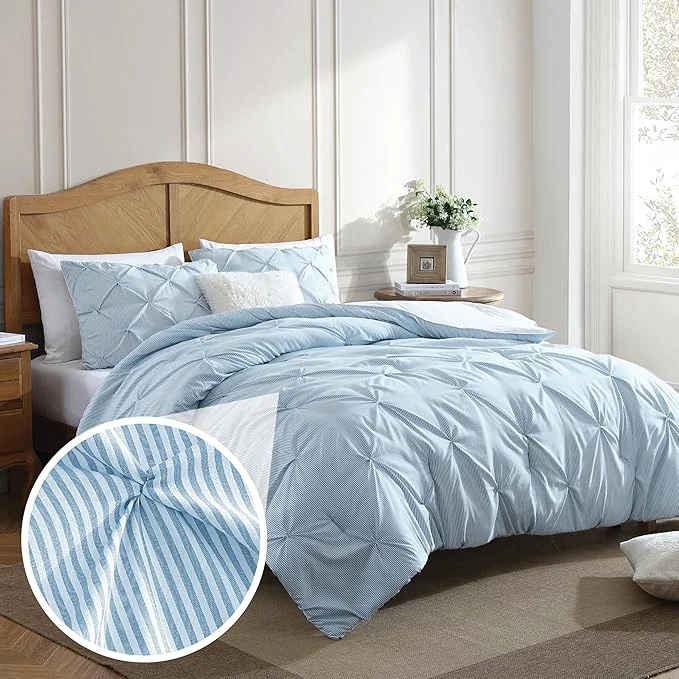 Unique Swift Home Full Queen Pinstripe Chambray Blue Comforter Set – Classic Pintuck Bedding Set – 3 Pieces Bed Linen 1 Comforter and 2 Pillow Shams Outstanding