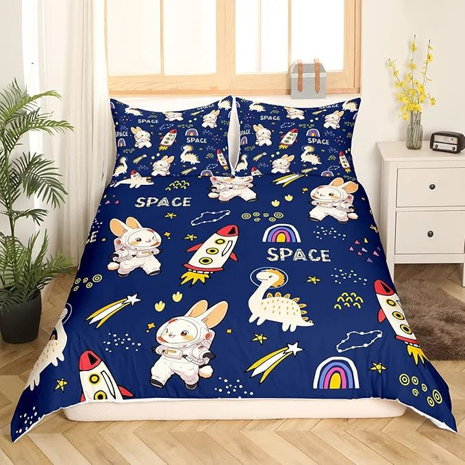Authentic Cute Rabbits Bedding Set Kids Boys Dinosaurs Duvet Cover Set Cartoon Rocket Comforter Cover Set Starry Galaxy Navy Bedspread Cover Bedroom Quilt Cover 2Pcs Twin with 1 Pillowcase No Comforter Official