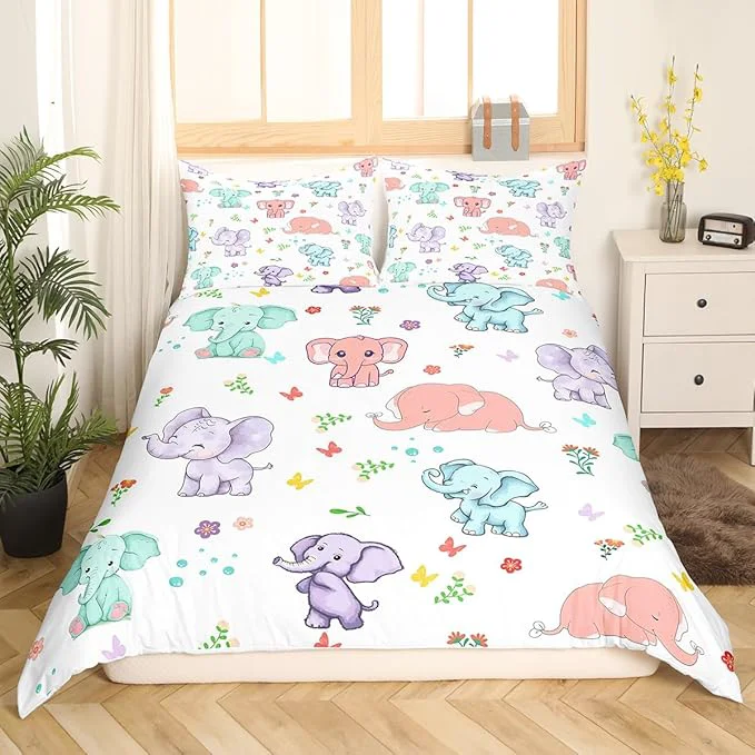Easy-to-Use Cartoon Elephant Bedding Set King Size Watercolor Flowers Leaves Butterfly Duvet Cover with 2 Pillowcase for Teens Adults Cute Wild Animal Elephants 3 Pieces Decorative Comforter Cover No Comforter Original Design