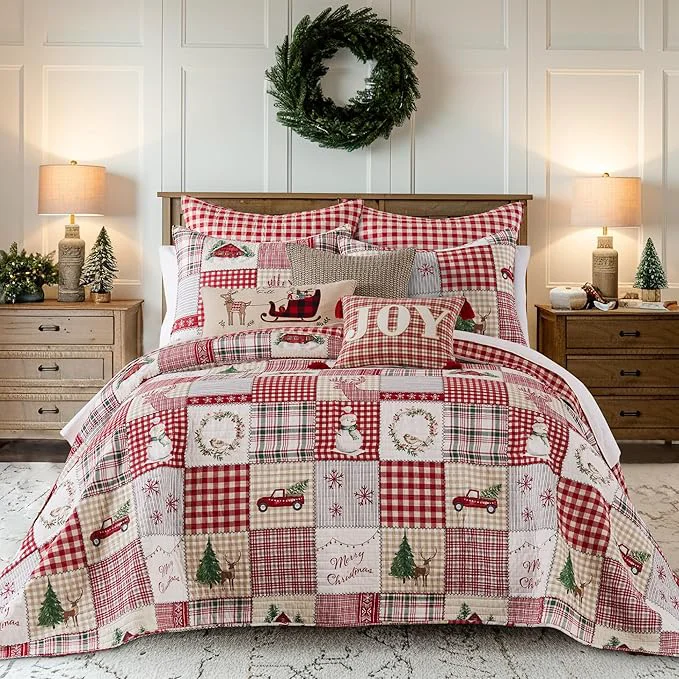 First-Class Levtex Home – Home for Christmas Bedspread Set – King Bedspread and Two King Shams – Patchwork – Green Red Taupe Cream – Bedspread 120x106in. and Shams 20x36in. – Cotton Carefully Designed