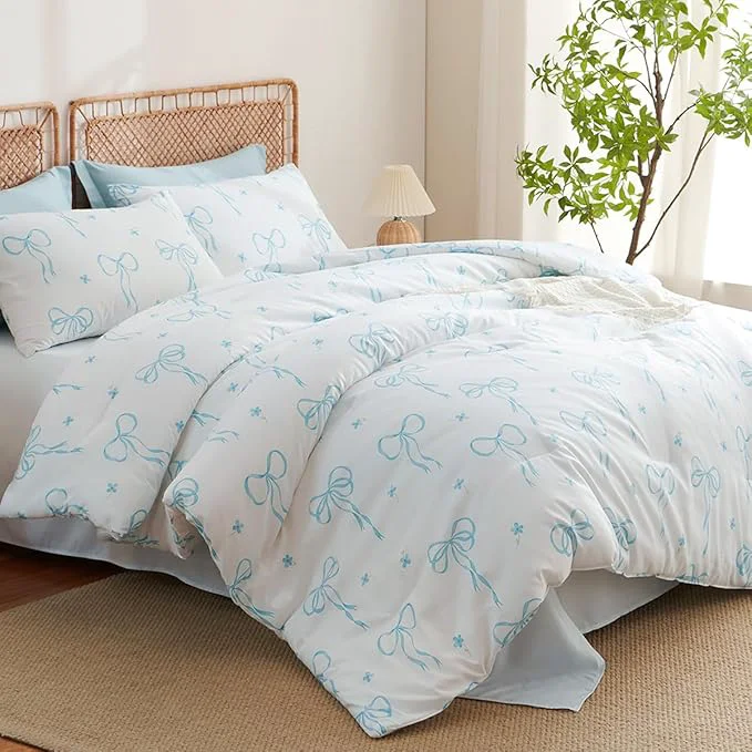 Secure Queen Comforter Set White – Blue Bow Comforter Set Queen Size Quilt Bedding Set 3 Pieces Soft Lightweight Comforter 90 x 90 for Girl All Season amp 2 Pillow Cases 30 x20 Recyclable