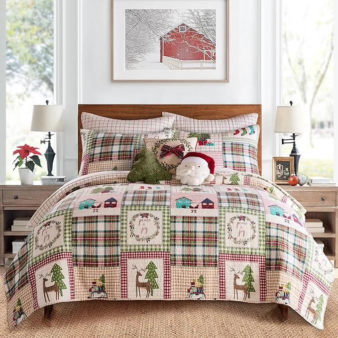 Contemporary Levtex Home – Home for Christmas Sage Quilt Set – Twin Quilt 68x86in. One Sham 20x26in. – Patchwork Holiday – Red Green White – Reversible – Cotton Fashionable