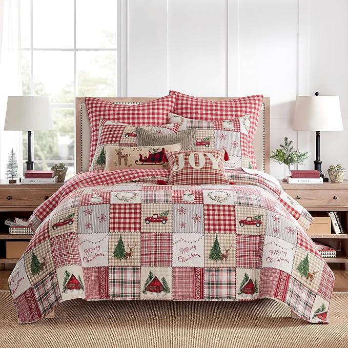 Environmentally Friendly Levtex Home – Home for Christmas Quilt Set – King Cal King Holiday Quilt 106×92 and Two King Pillow Shams 20×36 – Green Red Taupe and Cream – Reversible – Cotton Polyester Effective