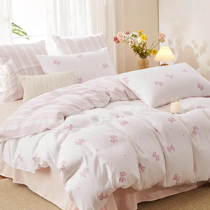 Recyclable White Twin Comforter Set – Pink Bow Quilt Bedding Set 2 Pieces Stripes Comforter Set Twin Size Soft amp Lightweight Comforter 68 x 90 for Girl All Season amp 1 Pillowcase 30 x20 Excellent