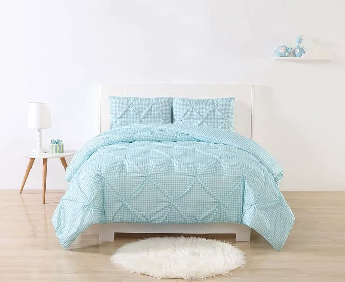 Verified My World Printed Gingham Pinch Pleat Kids Comforter Set Twin XL White Aqua Efficient