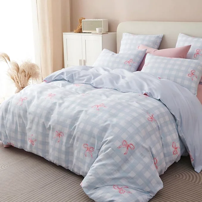 Pure Blue Plaid Twin Comforter Set – Pink Bow Quilt Bedding Set 2 Pieces Gingham Comforter Set Twin Size Soft amp Lightweight Comforter 68 x 90 for Girl All Season amp 1 Pillowcase 30 x20 Selected