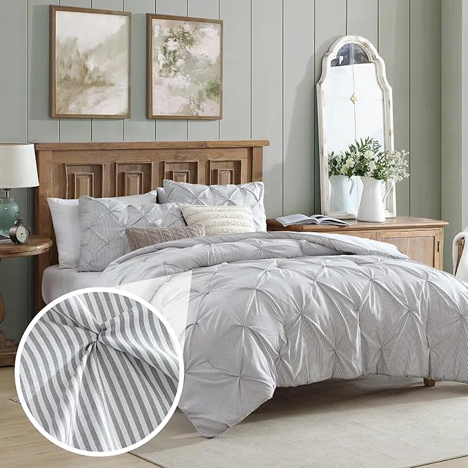 High-Quality Swift Home Full Queen Pinstripe Charcoal Grey Comforter Set – Classic Pintuck Bedding Set – 3 Pieces Bed Linen 1 Comforter and 2 Pillow Shams Lightweight