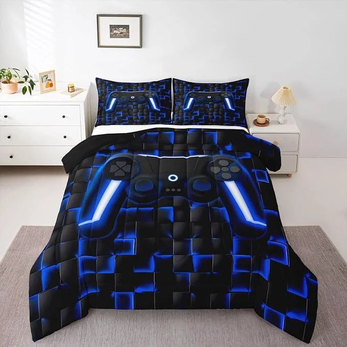 Prestigious Erosebridal Gamer King Comforter Set for Boys Blue Gaming Kids Bedding Set Geometric Game Console Comforter for Teen Video Game Room Decor 3 Piece Neon Lights Gamepad Lightweight Bed Comforter Set Original Design