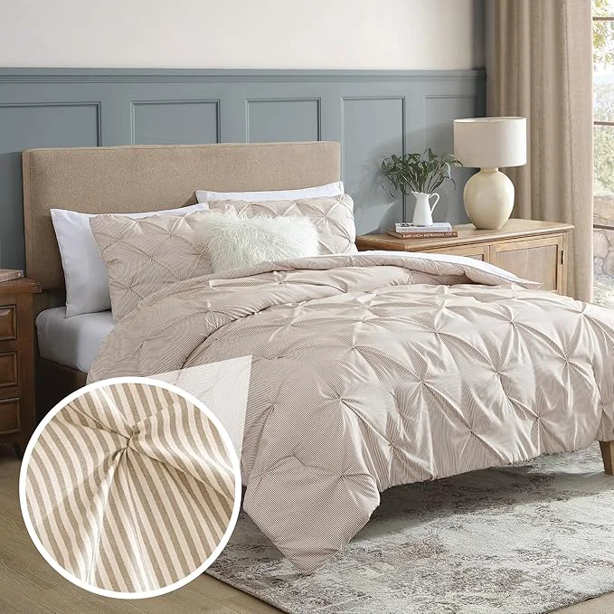 User-Friendly Swift Home King Pinstripe Taupe Comforter Set – Classic Pintuck Bedding Set – 3 Pieces Bed Linen 1 Comforter and 2 Pillow Shams Reusable