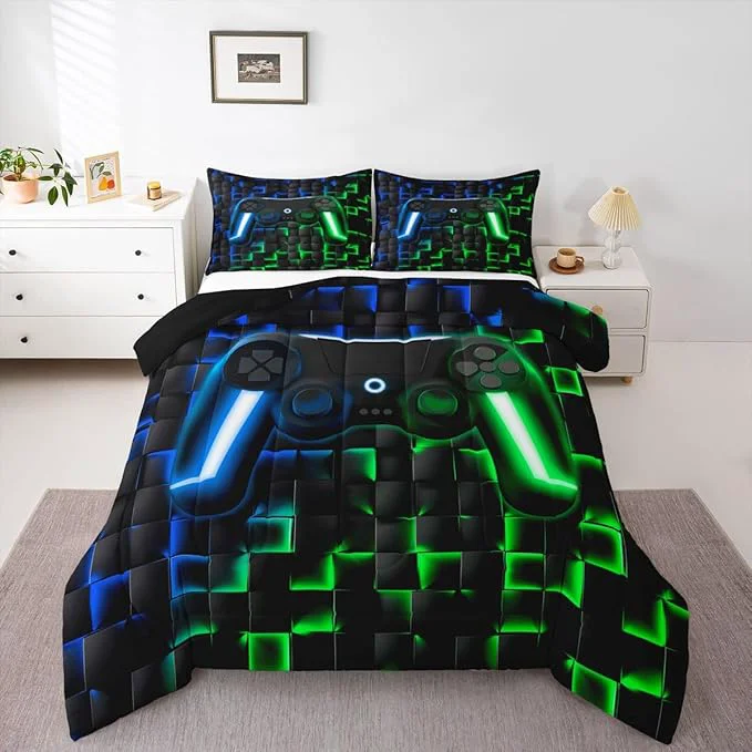 User-Friendly Erosebridal Gamer Boys King Bedding Sets Gaming Comforter Set for Kids Teen Men 3D Neon Lights Ombre Geometric Checkered Gamepad Bed Comforter Set Soft Lightweight Quilt Duvet Green Indigo Blue