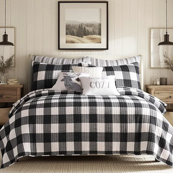 Premium Levtex Home – Camden Quilt Set -Full Queen Quilt Two Standard Pillow Shams – Buffalo Check in Black and Cream – Quilt Size 88 x 92 in and Pillow Sham Size 26 x 20 in – Reversible Pattern -Cotton Secure
