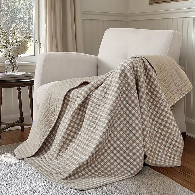 Soft Levtex Home – Camden Gingham Stitch Taupe Quilted Throw 50x60in – Textured Gingham – Lightweight Cotton Throw Blanket – Taupe and Cream – Reversible – Cotton High-Quality