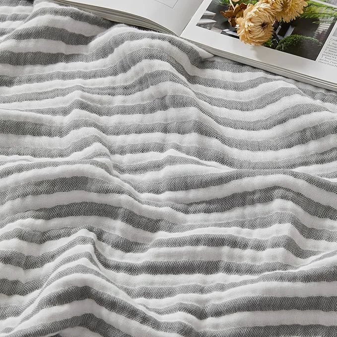 Excellent EMME Cotton Muslin Twin XL Blanket Breathable Gauze Soft Lightweight Adults Gifts for Women Striped Grey 66 quot x90 quot Sophisticated