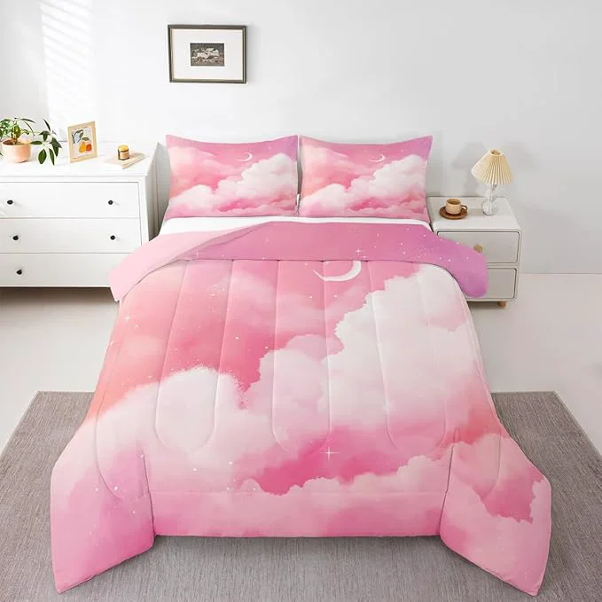 Next-Generation Moon and Stars Comforter Set Full Pink White Tie Dye Bedding Set for Girls Women Room Decor Reversible Aesthetic Marble Down Galaxy Space Quilted Duvet Insert Cute Warm All Season Efficient