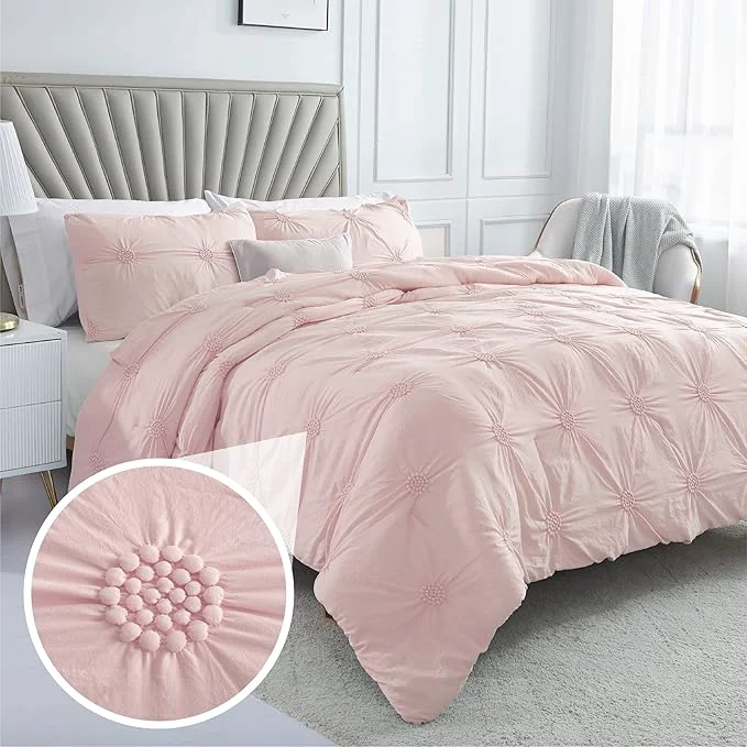 Versatile Swift Home Twin Twin XL Baby Pink Rose Blush Comforter Set – Ruched 3D Floral Pintuck Bedding Set – 2 Pieces Bed Linen 1 Comforter and 1 Pillow Sham Top-Quality