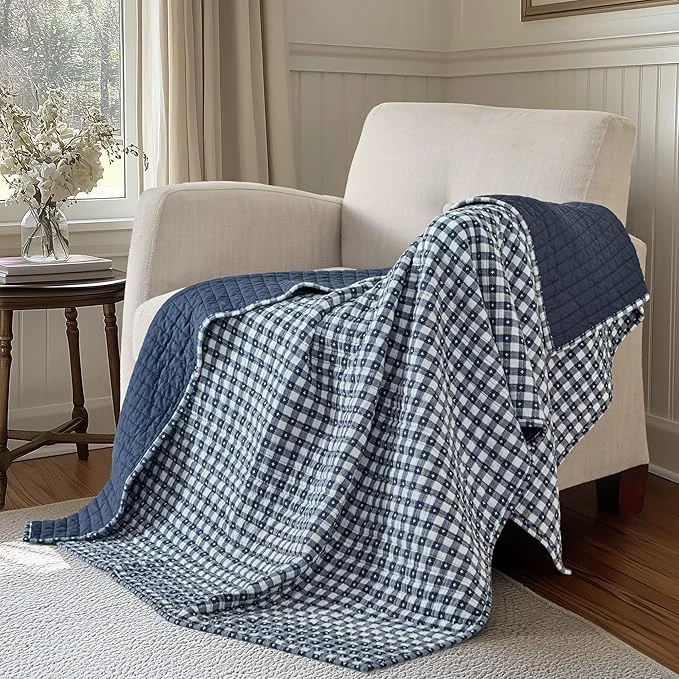 Sophisticated Levtex Home – Camden Gingham Stitch Navy Quilted Throw 50x60in – Textured Gingham – Lightweight Cotton Throw Blanket – Navy and White – Reversible – Cotton Solid