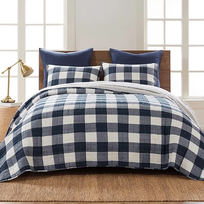 Smooth Levtex Home – Camden Bedspread Set – Full Bedspread 96 x 110 in. Two Standard Pillow Shams 26 x 20 in. – Buffalo Check in Navy and Cream – Reversible Pattern – Cotton Safe
