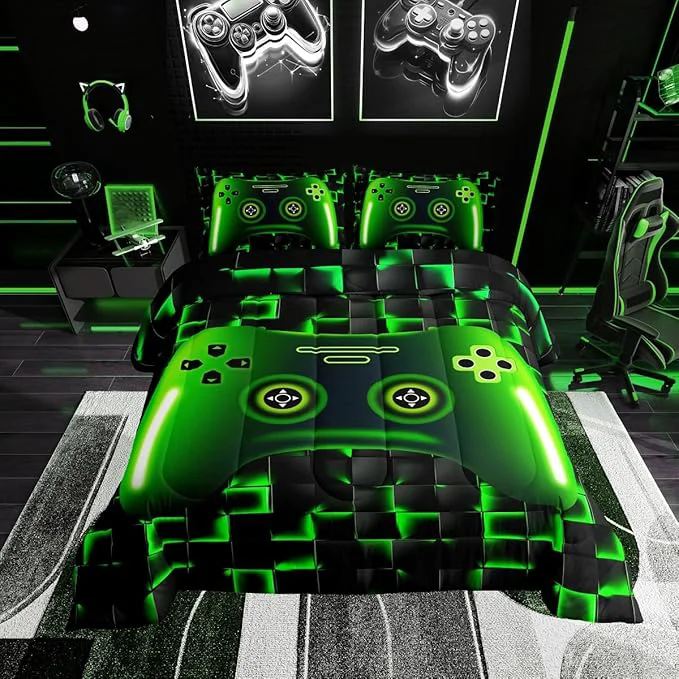 User-Friendly Erosebridal King Size Game Console Comforter Set for Boys Girls Kids Gamer Bedding 3D Gaming Geometric Check Lightweight Soft Bedding Sets Neon Green Gamepad Bed Comforter Black Reliable
