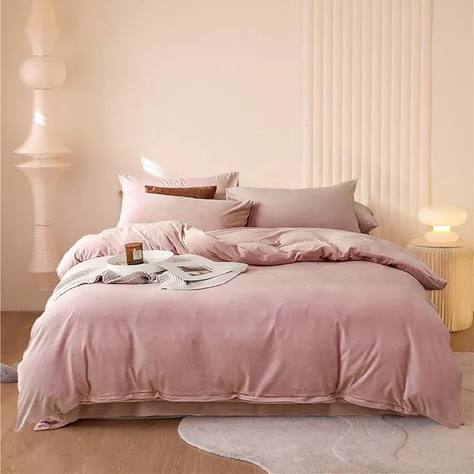 Sophisticated Luxlovery Pink Velvet Comforter Set King Dusty Pink Flannel Plush Bedding Comforter Winter Thick Warm Solid Haze Pink Quilts Blanket Soft Heavyweight Comforter Set for King Bed Advanced
