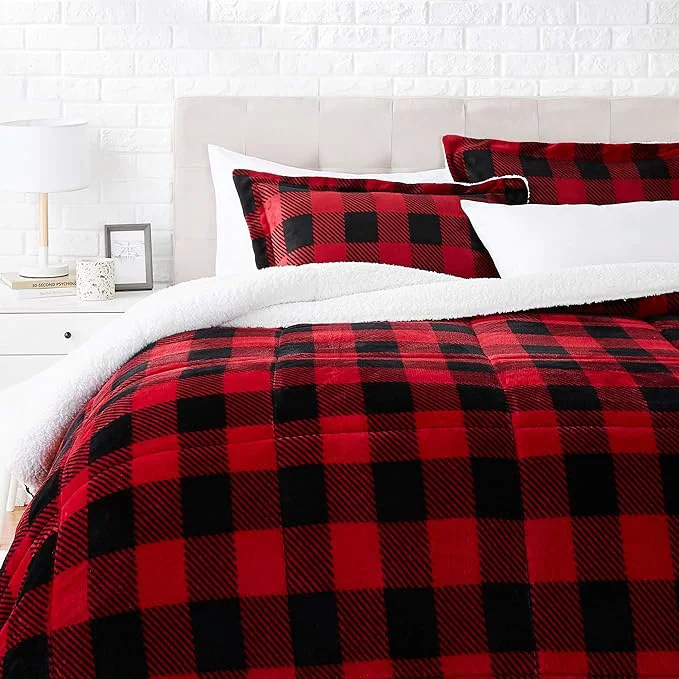 Efficient Amazon Basics 3-Piece Ultra-Soft Micromink Sherpa Bedding Set Warm All Season Comforter King Red Buffalo Plaid Trendy